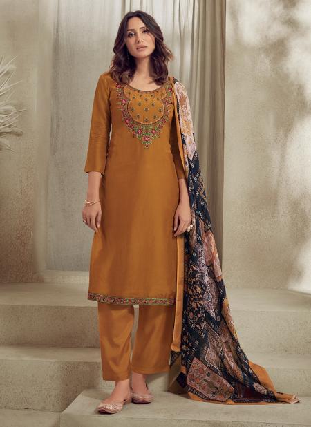 Golden Pure Muslin Traditional Wear Embroidery Work Straight Suit