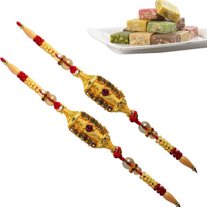 2 Rakhi - Golden Pearl Rakhi Set With Fresh Dryfruits Bite