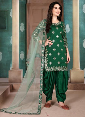 Green Art Silk Festival Wear Embroidery Work Patiala Suit