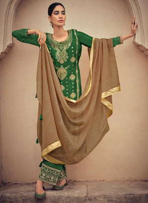 Green Jacquard Silk Festival Wear Zari Work Palazzo Suit
