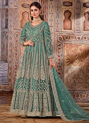 Green Net Reception Wear Embroidery Work Anarkali Suit
