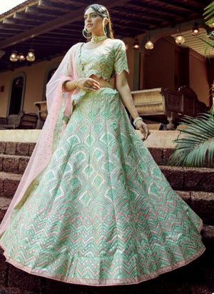 Green Organza Wedding Wear Resham Work Lehenga Choli