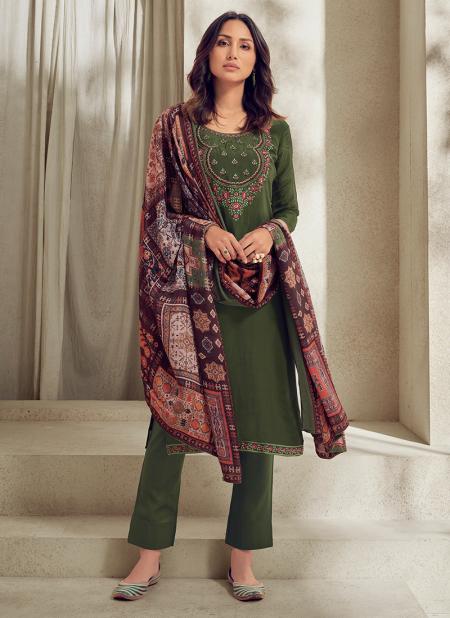 Green Pure Muslin Traditional Wear Embroidery Work Straight Suit