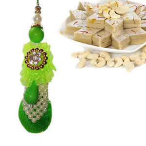 1 Rakhi - Green Stone and White Pearl Lumba Rakhi With Kaju Katli