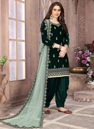 Green Velvet Traditional Wear Embroidery Work Patiala Suit