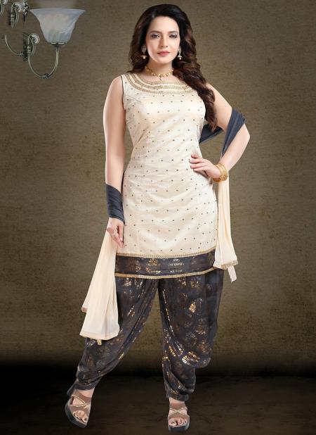 Chanderi Silk Grey Festival Wear Hand Work Readymade Patiala Suit