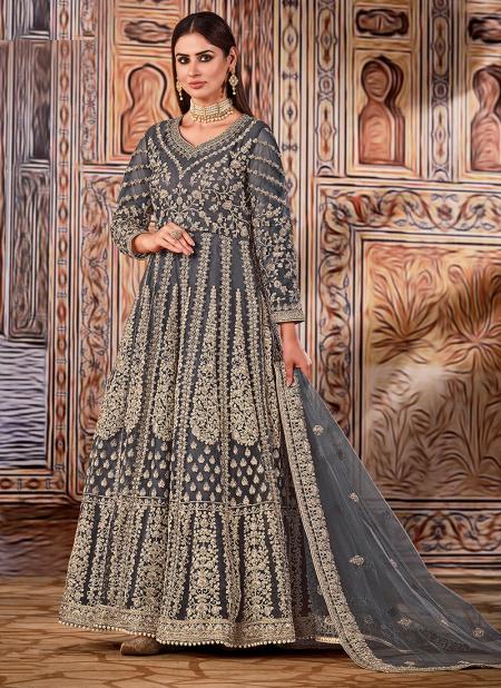 Grey Net Reception Wear Embroidery Work Anarkali Suit