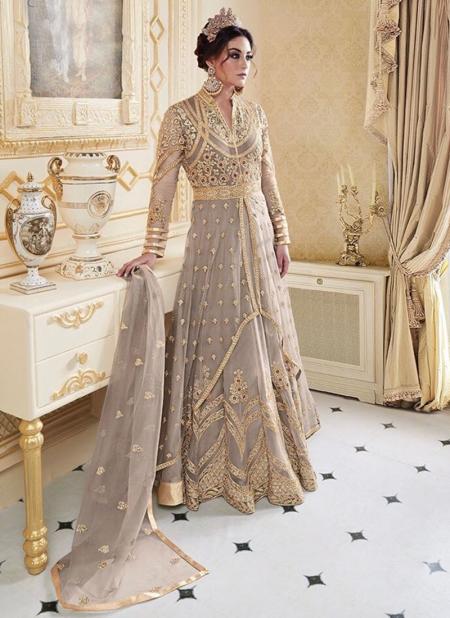 Grey Net Reception Wear Heavy Embroidery Work Anarkali Suit