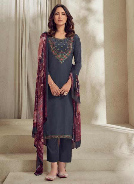 Grey Pure Muslin Traditional Wear Embroidery Work Straight Suit