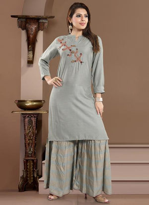 Grey Rayon Traditional Wear Embroidery Work Readymade Palazzo Suit