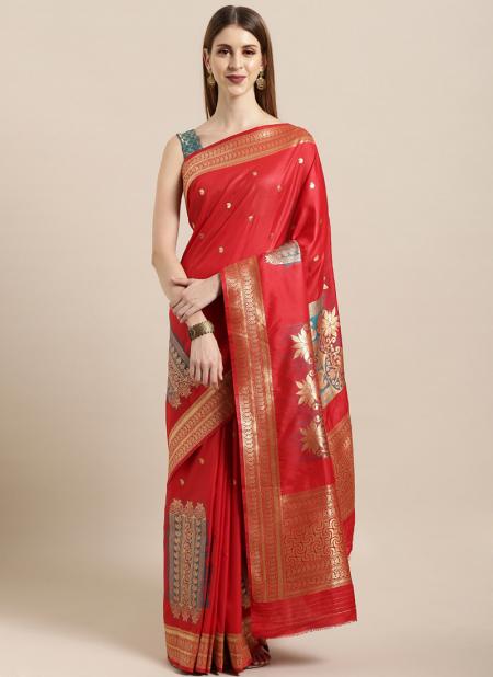 Hot Red Silk Festival Wear Weaving Saree