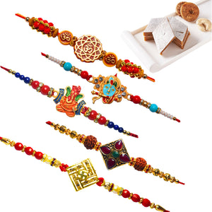 5 Rakhi - Krishna, Ganeshji, OM, Swastik and Fancy Rakhi With Anjeer Katli