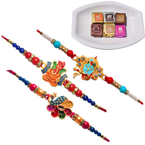 3 Rakhi - Krishna, Ganeshji, and Handicraft Rakhi With Dryfruit Bites