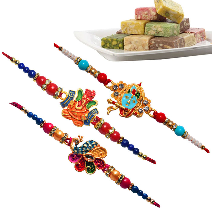 3 Rakhi - Krishna, Ganeshji, and Handicraft Rakhi With Dryfruit Bites