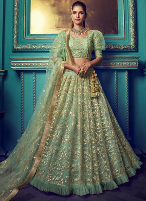 Light Green Fancy Net Reception Wear Sequins Work Lehenga Choli