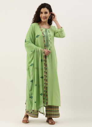 Light Green Pure Cotton Daily Wear Embroidery Work Palazzo Suit