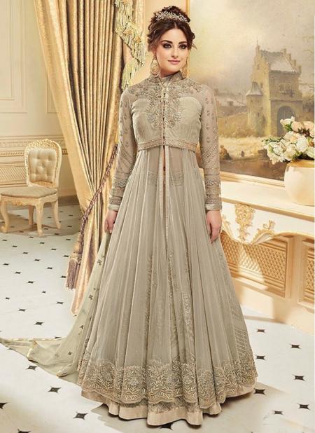 Light Grey Net Reception Wear Heavy Embroidery Work Anarkali Suit