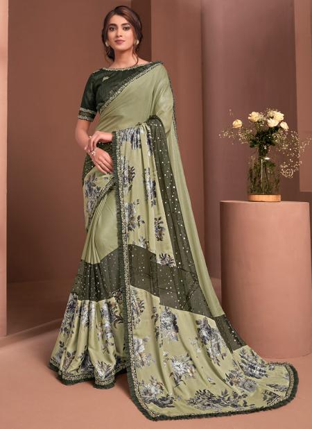 Lime Green Silk georgette Party Wear Embroidery Work Saree