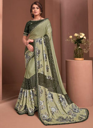 Lime Green Silk georgette Party Wear Embroidery Work Saree