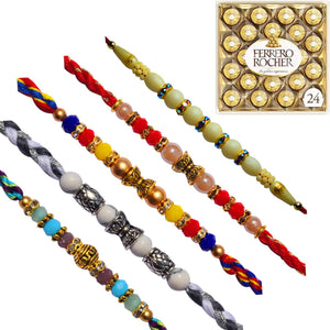 5 Rakhi - Lovely Set of 5 Crystal Rakhis With Ferrero Rocher Chocolate Box