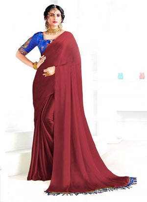 Maroon Georgette Satin Party Wear Plain Saree