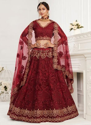 Maroon Net Wedding Wear Thread Work Lehenga Choli