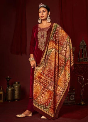 Maroon Pure Velvet Traditional Wear Coding Work Salwar Suit