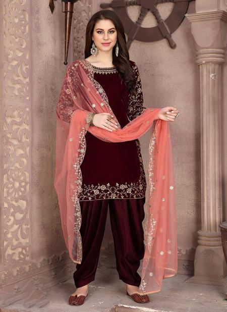 Maroon Velvet Traditional Wear Embroidery Work Patiala Suit