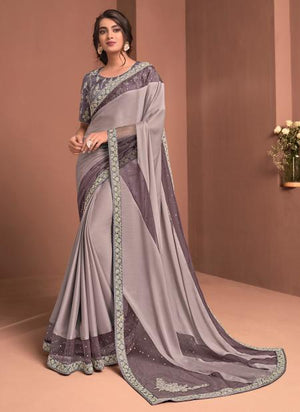 Mauve Silk georgette Party Wear Embroidery Work Saree