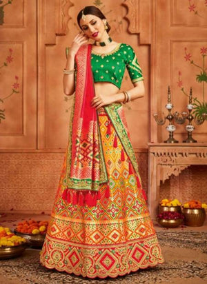 Multi Color Fancy Silk Bridal Wear Zari Work Lehenga Choli