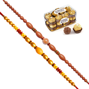 2 Rakhi - Multicolor Beads and Rudraksh Rakhis With Ferrero Rocher Chocolates