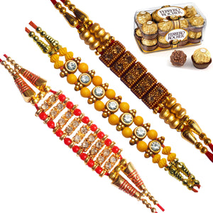 3 Rakhi - Multicolor Handicraft Rakhis With Ferrero Rocher Chocolate Box