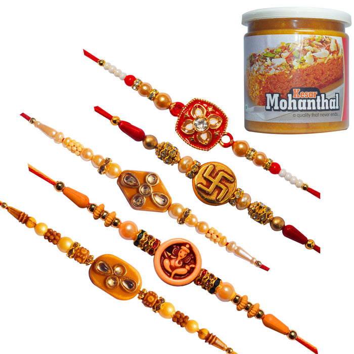 5 Rakhi - Multicolor Rakhis with Kesar Mohanthal