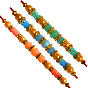3 Rakhi - Pearls Rakhis with Multicolor Beads and Kesar Kaju Katli