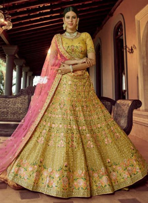 Musterd Organza Wedding Wear Resham Work Lehenga Choli