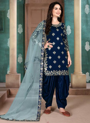 Navy Blue Art Silk Festival Wear Embroidery Work Patiala Suit