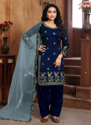 Navy Blue Art Silk Festival Wear Embroidery Work Patiyala Suit