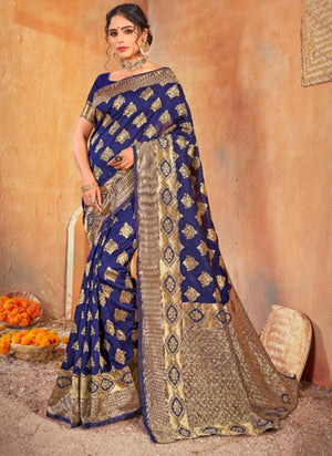 Navy Blue Banarasi Silk Traditional Wear Weaving Saree