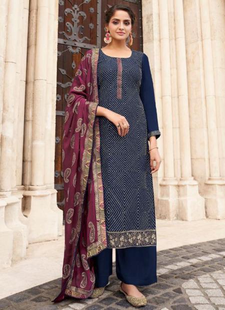 Navy Blue Chinnon Festival Wear Embroidery Work Palazzo Suit