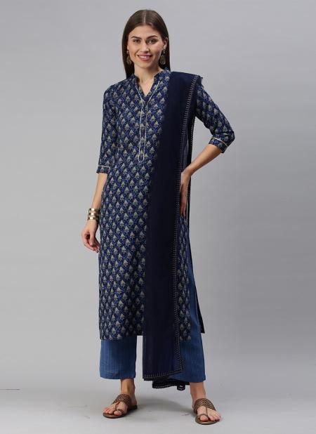 Navy Blue Cotton Blend Daily Wear Printed Work Straight Suit