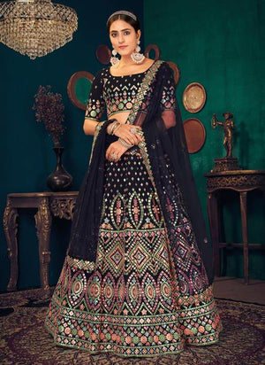 Navy Blue Georgette Traditional Wear Thread Work Lehenga Choli