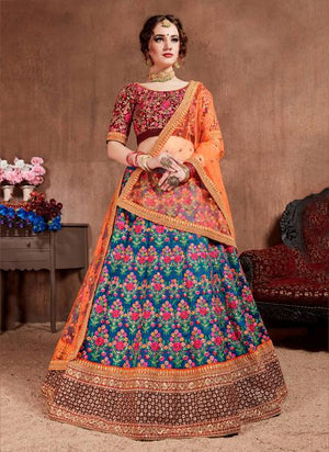 Navy Blue Mulberry Silk Bridal Wear Sequins Work Lehenga Choli