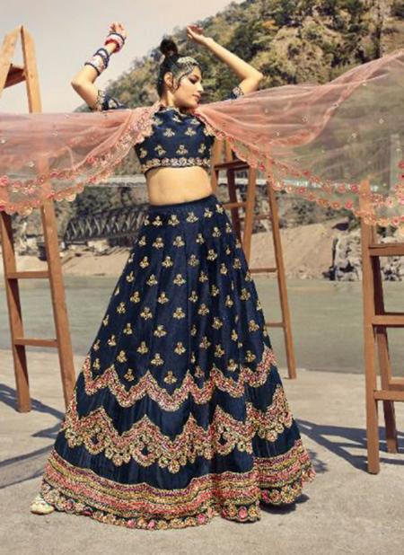 Navy Blue Pure Silk Bridal Wear Embroidery Work Lehenga Choli