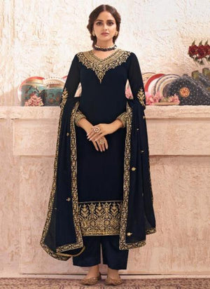 Navy Blue Real Georgette Traditional Wear Embroidery Work Palazzo Suit