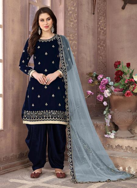Navy Blue Velvet Traditional Wear Embroidery Work Patiala Suit