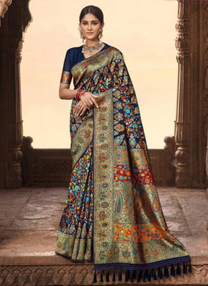 Navy blue Banarasi Silk Wedding Wear Weaving Saree