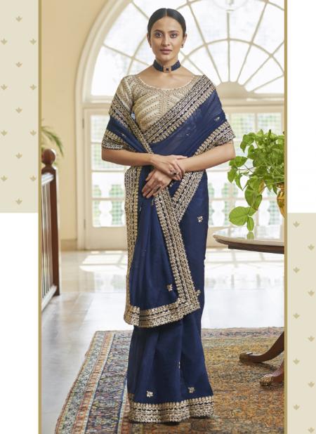 Navy blue Organza Party Wear Sequins Work Saree