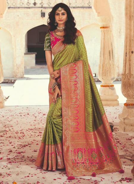 Olive Green Banarasi Silk Wedding Wear Weaving Saree