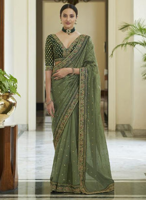 Olive Green Organza Party Wear Sequins Work Saree