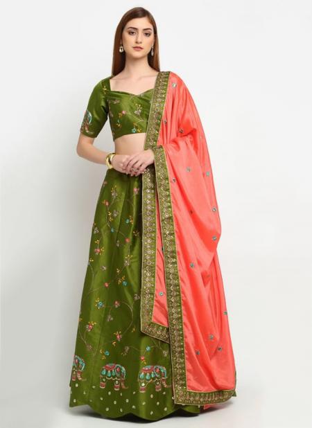Olive Green Satin Silk Traditional Wear Coading Work Lehenga Choli